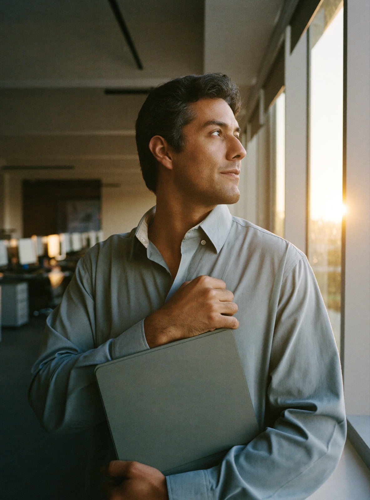 Un supervisor de call center mira por la ventana con una tableta en la mano, a contraluz de la tarde.