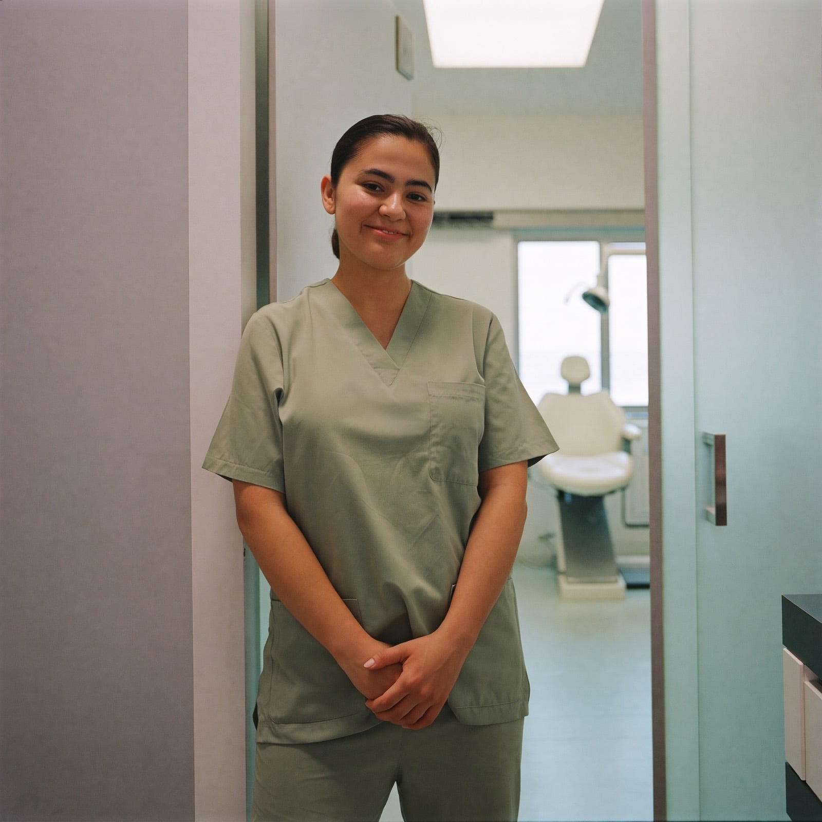 Una asistente dental sonríe en la puerta de un consultorio de su clínica.