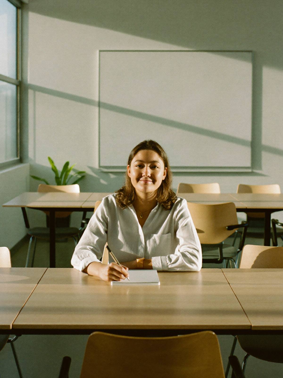 Una maestra sonríe sentada en un salón vacío, con la luz de la tarde.